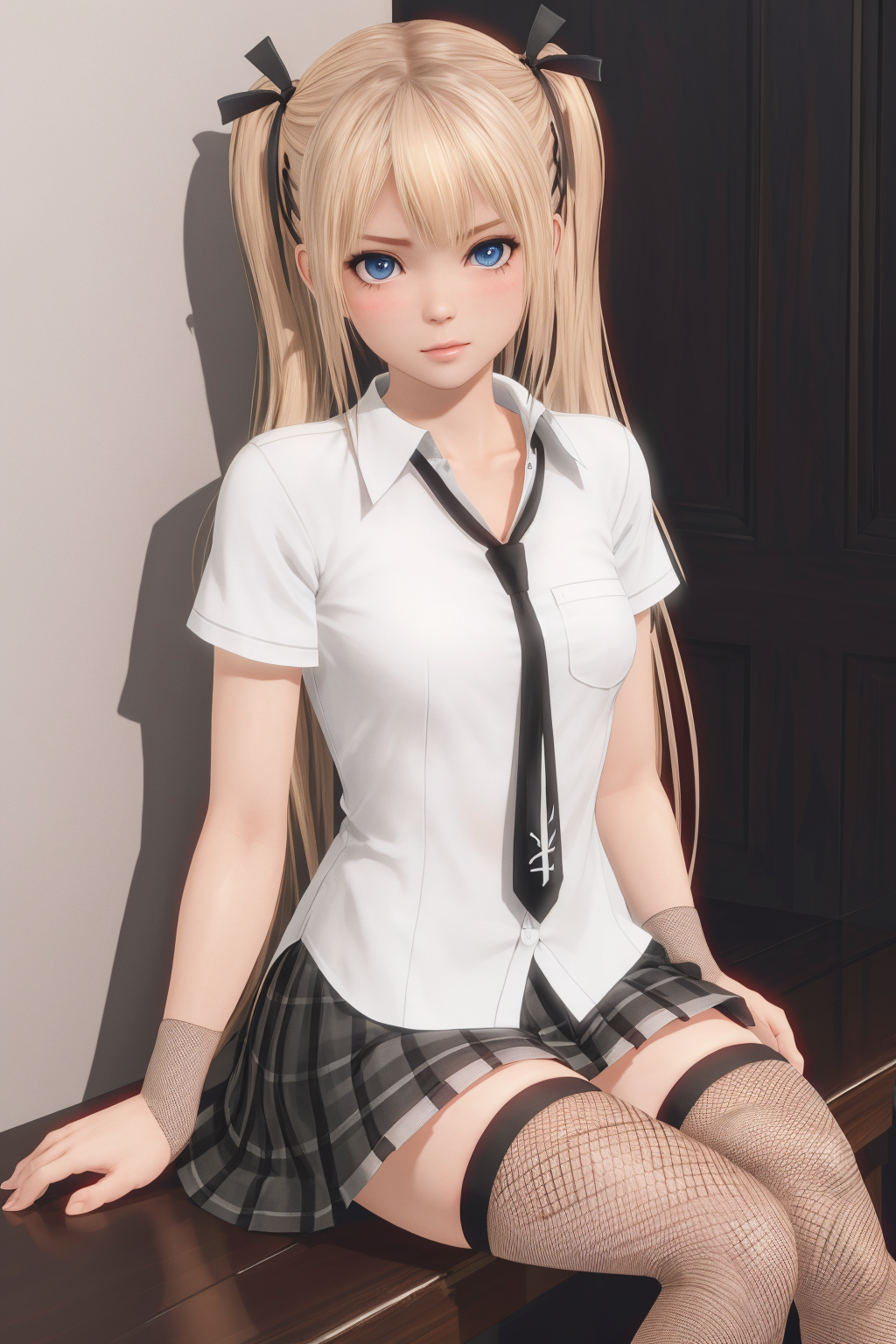 05562-2187412874-masterpiece, best quality, marie rose, shy, blush, shirt, fishnet thighhighs,  long hair, blue eyes, looking at viewer, sitting.png